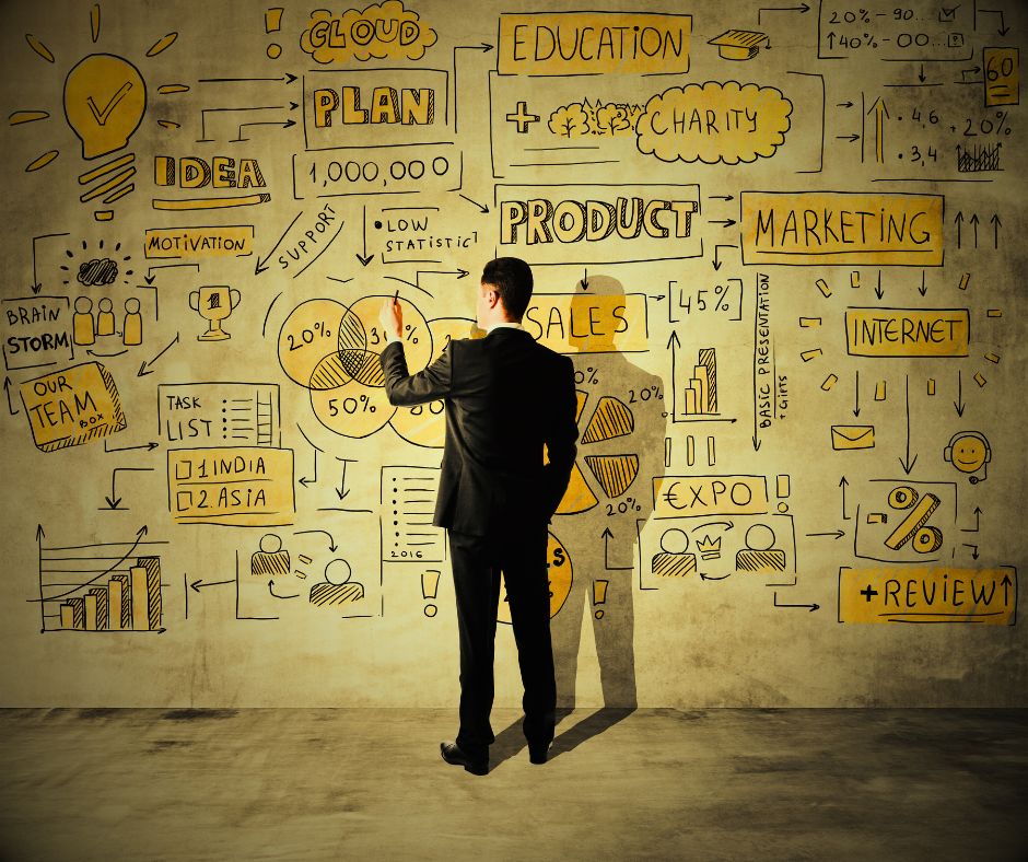 business man in front of wall of business terms