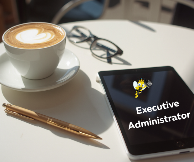 Executive Administrator with QBVS logo written on a ipad pair of glasses and cappuccino