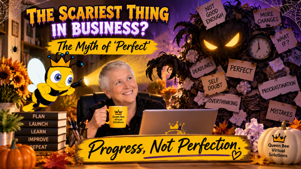 Betty of Queen Bee Virtual Solutions sits at her desk with her Queen Bee mascot confronting a Halloween monster made of business fears, including perfectionism, self-doubt, procrastination, and overthinking. The graphic emphasizes progress over perfection.