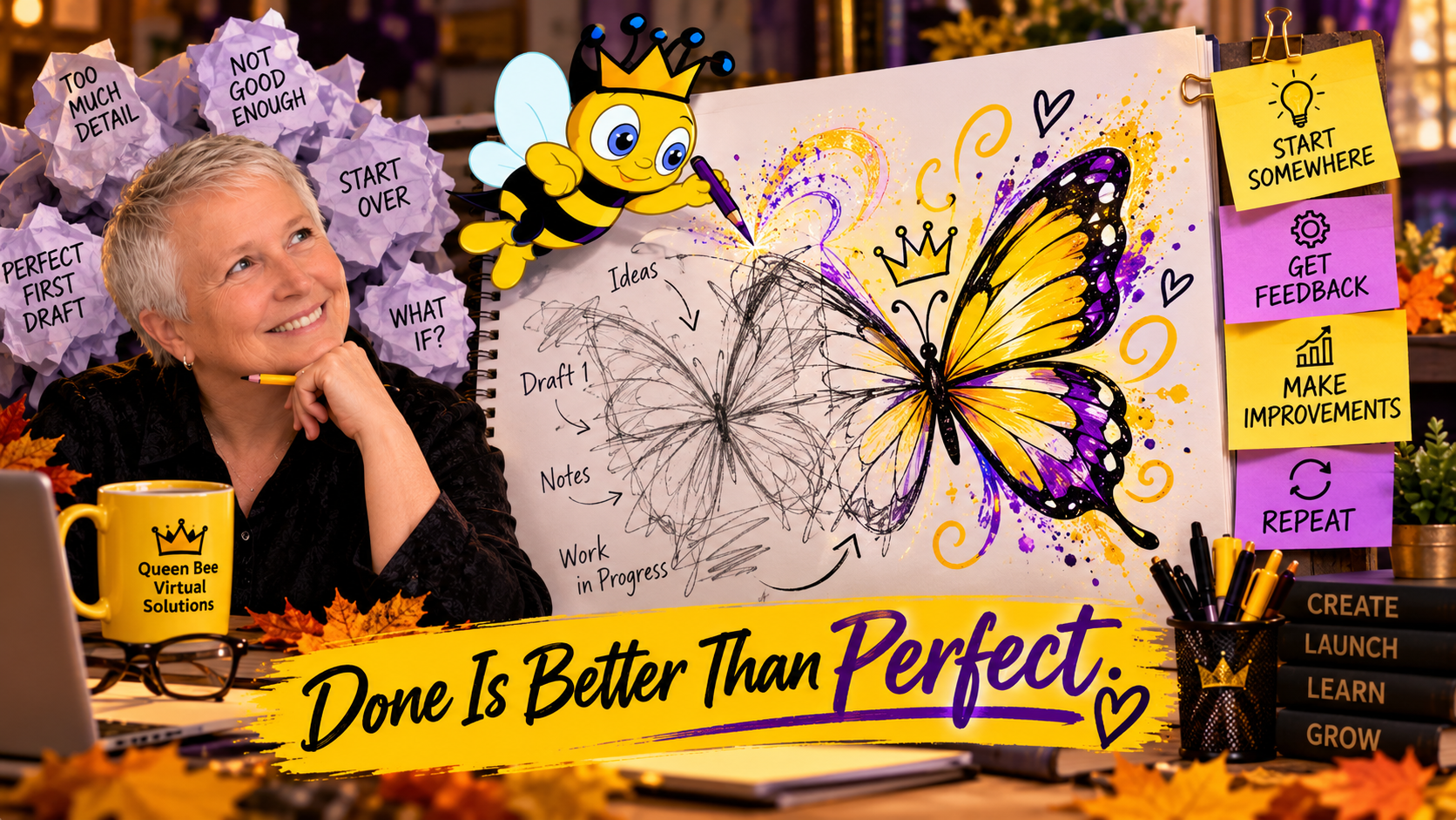 Betty and the Queen Bee mascot watch an unfinished butterfly sketch transform into a colorful butterfly, illustrating how creativity, learning, and continuous improvement lead to business growth. The message reads, "Done Is Better Than Perfect."