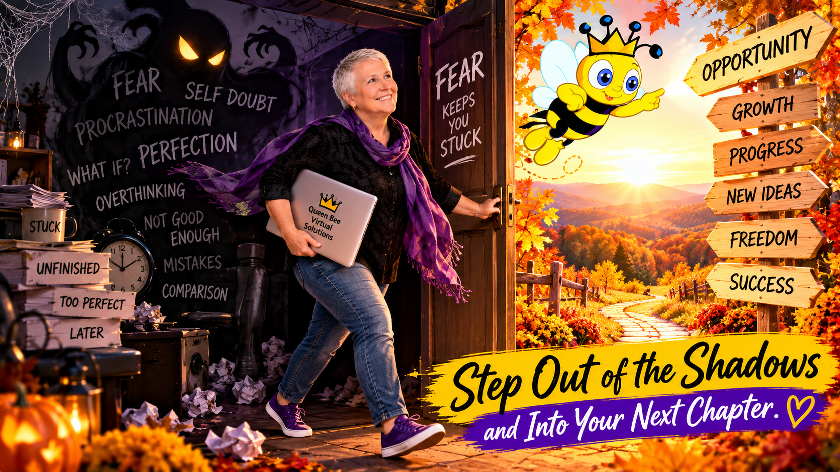 Betty of Queen Bee Virtual Solutions steps through a doorway from the dark shadows of fear, perfectionism, and self-doubt into a bright autumn landscape representing opportunity, growth, progress, and success, guided by her cheerful Queen Bee